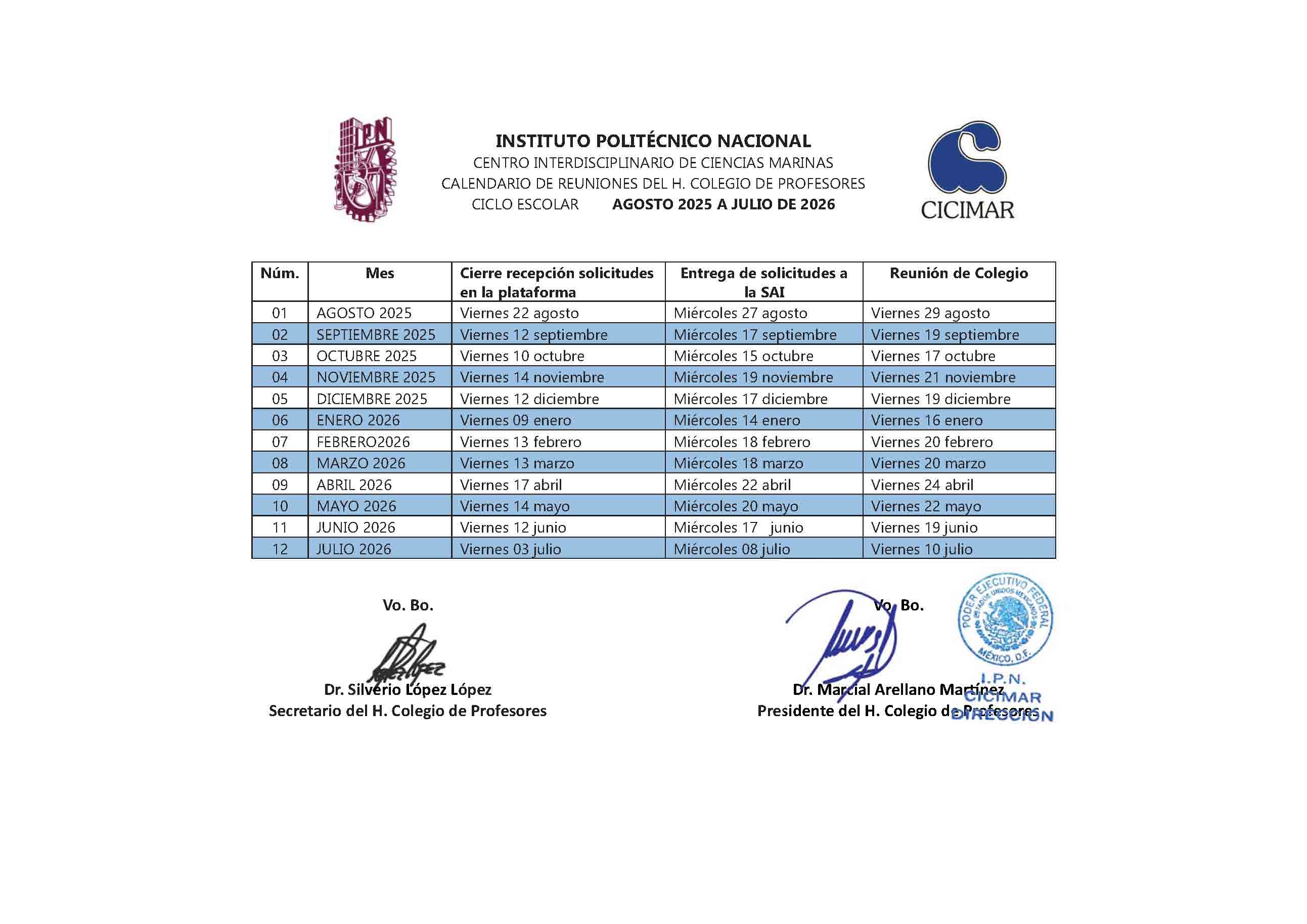 Calendario Colegio de profesores